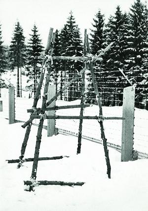 Mit dieser im Wald gebauten Leiter stiegen Jürgen Resch, sein Bruder und ein Freund über den Grenzzaun