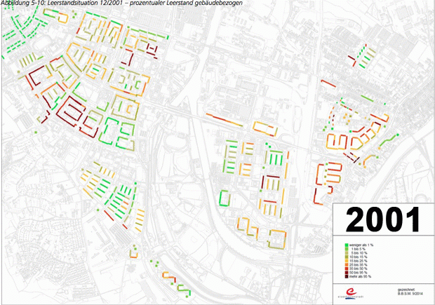 Der Rückbau als Grafik. 2001 sieht man viele Wohneinheiten und viel Leerstand (rot und gelb). In den kommenden Jahren geht der Bestand zurück, dafür sind die verbleibenden Wohneinheiten besser ausgelastet (grün) (Grafik: mit freundlicher Genehmigung der Stadt Eisenhüttenstadt)