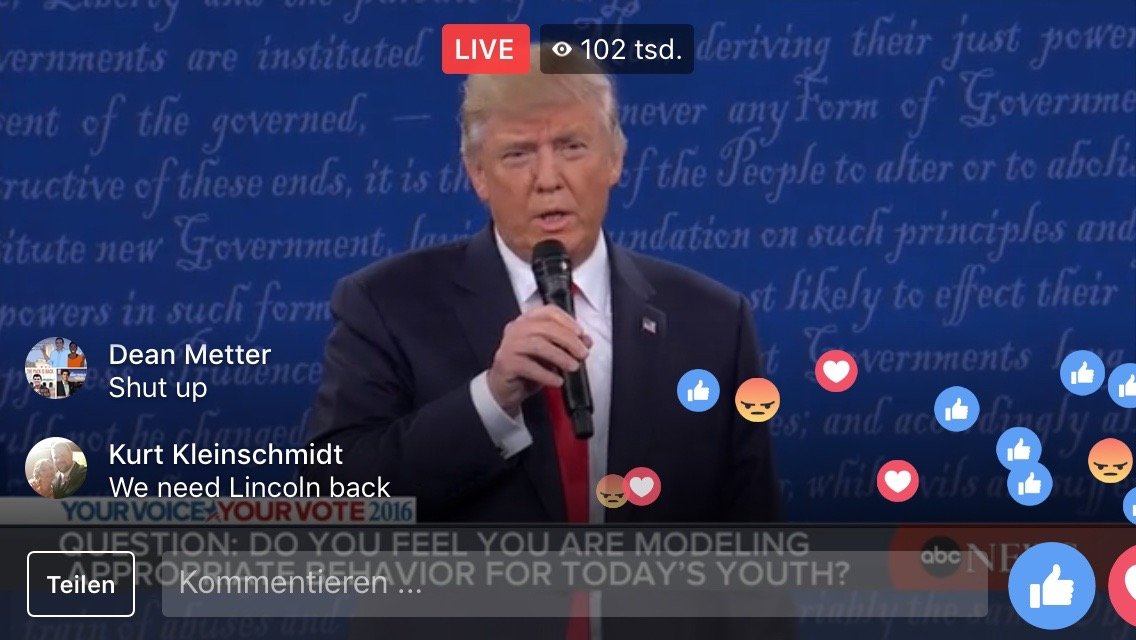 Screenshot des Facebook-Livestreams vom zweiten TV-Duell im US-amerikanischen Präsidentschaftswahlkampf