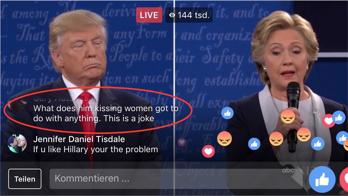 Screenshot des Facebook-Livestreams vom zweiten TV-Duell im US-amerikanischen Präsidentschaftswahlkampf