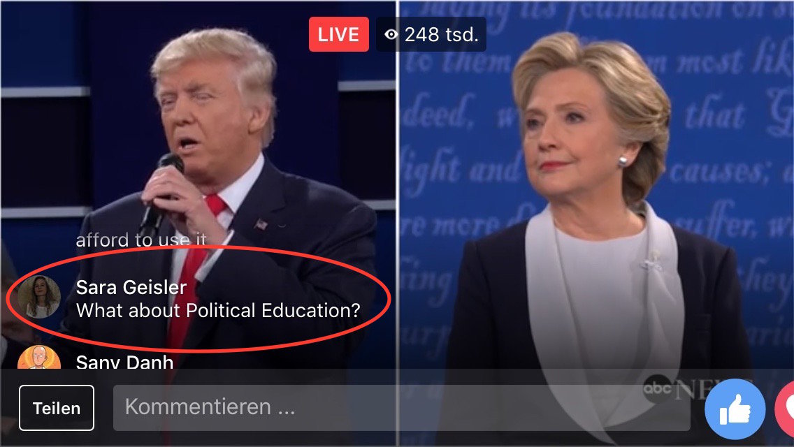 Screenshot des Facebook-Livestreams vom zweiten TV-Duell im US-amerikanischen Präsidentschaftswahlkampf