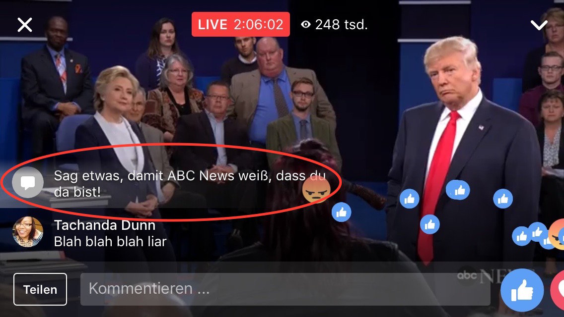 Screenshot des Facebook-Livestreams vom zweiten TV-Duell im US-amerikanischen Präsidentschaftswahlkampf