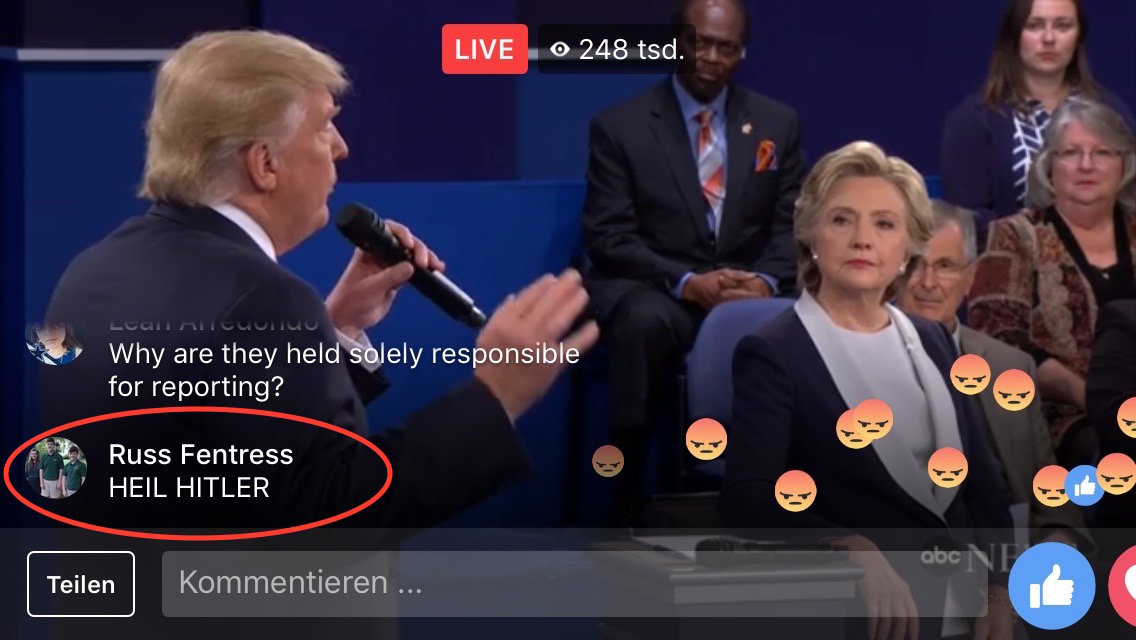 Screenshot des Facebook-Livestreams vom zweiten TV-Duell im US-amerikanischen Präsidentschaftswahlkampf