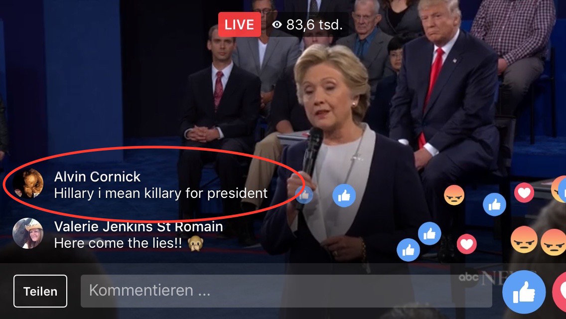 Screenshot des Facebook-Livestreams vom zweiten TV-Duell im US-amerikanischen Präsidentschaftswahlkampf