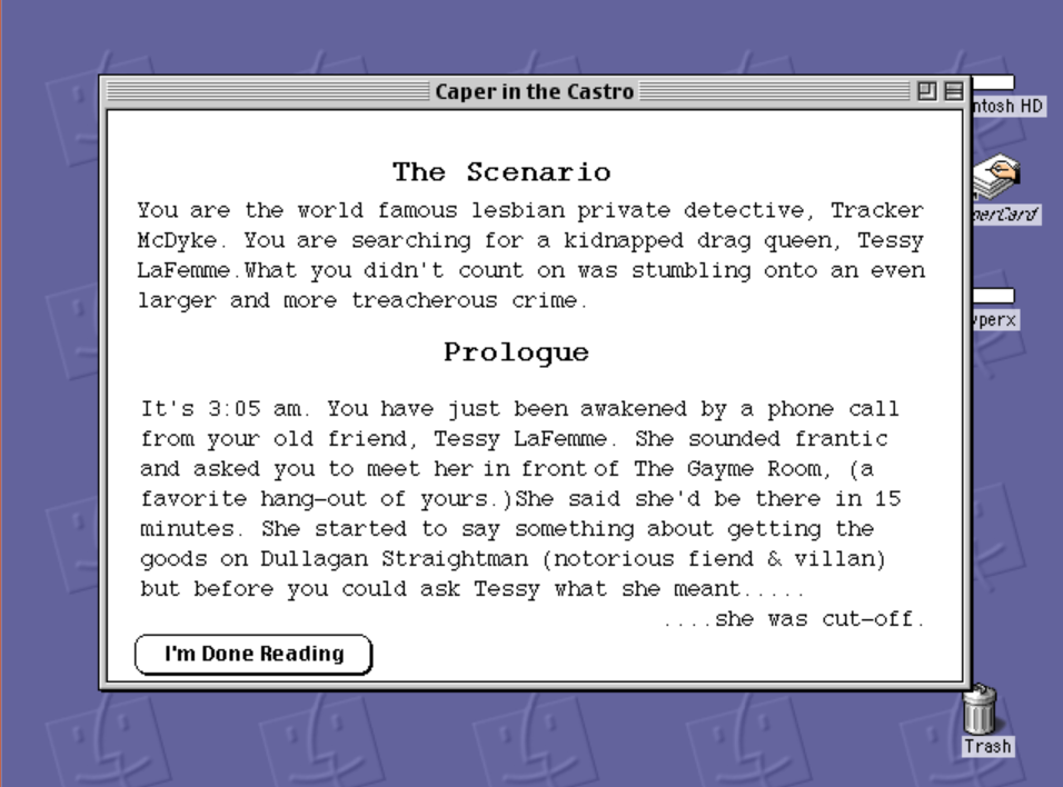Caper in the Castro (1989) Caper in the Castro (1989) (Screenshot: C.M.Ralph / LGBTQ Game Archive)