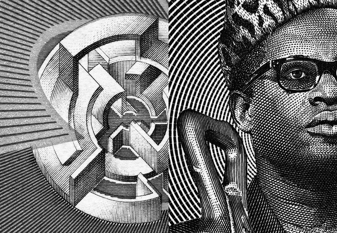 Links: unmögliche Figur, rechts: angeschnittenes Porträt von Mobuto Sese Seko