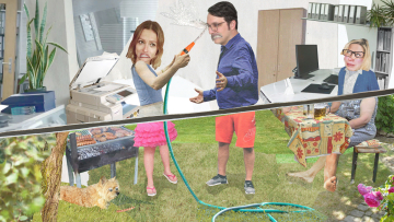 Streit: Ist Vollzeit noch zeitgemäß? Collage: Die Autoren streiten in einem Büro und im Garten