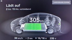 Das Display in einem Elektroauto der Marke Tesla zeigt den Ladezustand das Akkus an (Foto: Patrick Pleul/picture alliance/dpa-Zentralbild/ZB)
