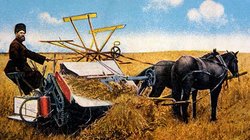 Traditionelle Landwirtschaft in Russland: Ein Bauer und seine Maschine, gezogen von zwei Pferden, auf dem Feld 