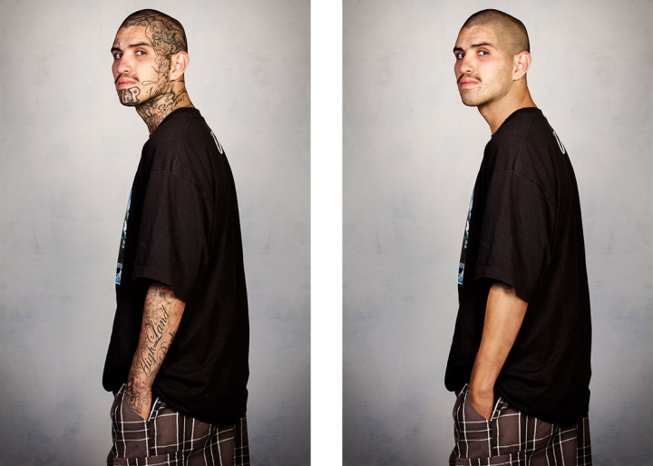 Links: ein stark tätowierter Mann, rechts: derselbe Mann ohne Tattoos Links: ein stark tätowierter Mann, rechts: derselbe Mann ohne Tattoos