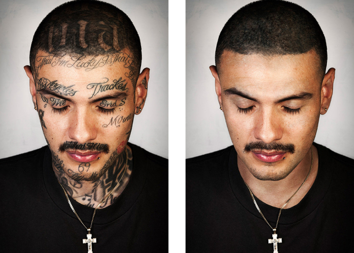 Links: ein stark tätowierter Mann, rechts: derselbe Mann ohne Tattoos Links: ein stark tätowierter Mann, rechts: derselbe Mann ohne Tattoos