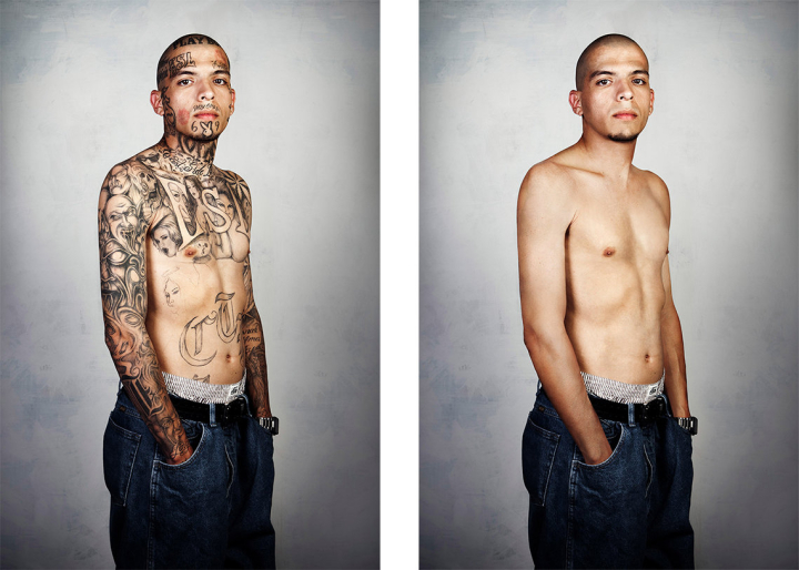 Links: ein stark tätowierter Mann, rechts: derselbe Mann ohne Tattoos Links: ein stark tätowierter Mann, rechts: derselbe Mann ohne Tattoos
