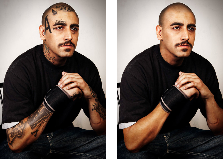 Links: ein stark tätowierter Mann, rechts: derselbe Mann ohne Tattoos Links: ein stark tätowierter Mann, rechts: derselbe Mann ohne Tattoos