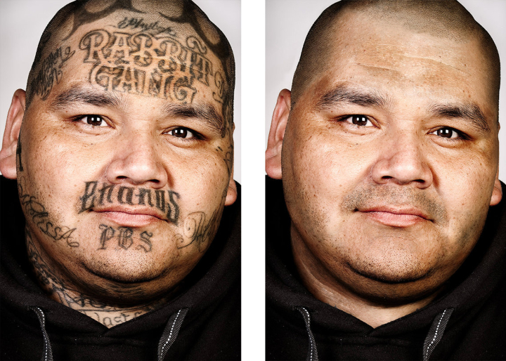 Links: ein stark tätowierter Mann, rechts: derselbe Mann ohne Tattoos Links: ein stark tätowierter Mann, rechts: derselbe Mann ohne Tattoos