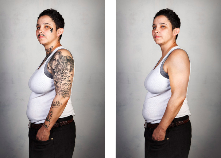 Links: eine stark tätowierte Frau, rechts: dieselbe Frau ohne Tattoos Links: eine stark tätowierte Frau, rechts: dieselbe Frau ohne Tattoos