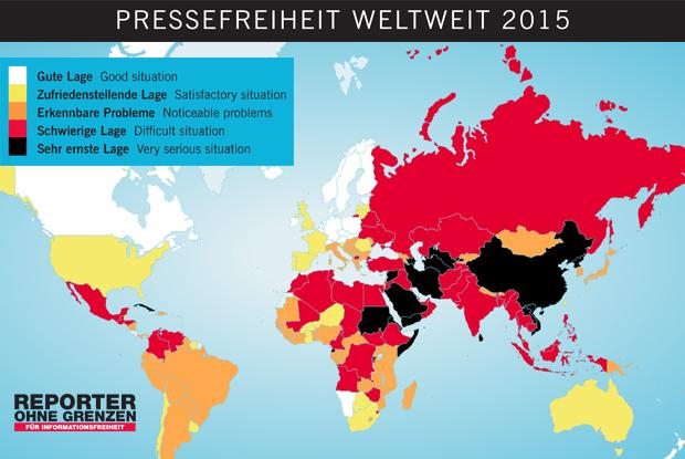 In manchen Ländern sieht Reporter ohne Grenzen Schwarz für die Pressefreiheit. Zur offiziellen Rangliste In manchen Ländern sieht Reporter ohne Grenzen Schwarz für die Pressefreiheit. Zur offiziellen Rangliste