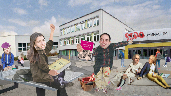 Bildungskanon Streit Lustige Collage, die beide AutorInnen dabei zeigt, wie sie sich auf einem Schulhof streiten
