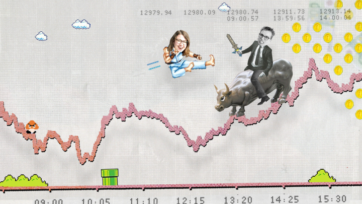 Börse den Profis überlassen? fluter-Streit Eine lustige Collage, die beide Autorinnen auf einem Börsenkurs dabei zeigt, wie sie miteinander kämpfen