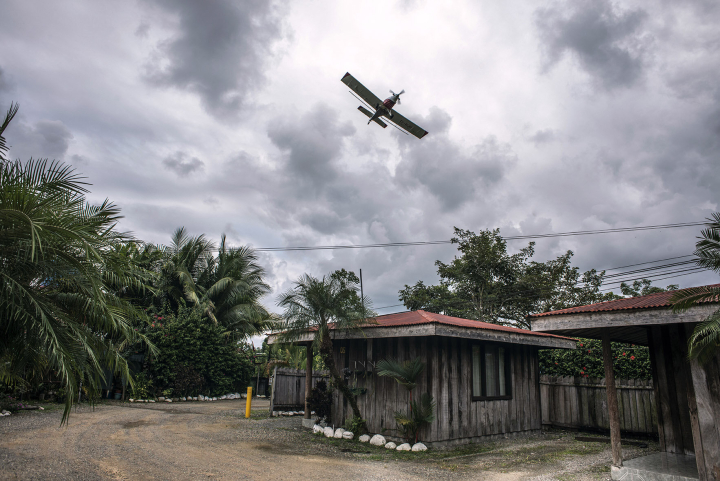 Ein Flugzeug, das von Bananenfirmen zum Ausbringen von Pestiziden eingesetzt wird, fliegt über die Stadt Bataan im Kanton Matina Ein Flugzeug, das von Bananenfirmen zum Ausbringen von Pestiziden eingesetzt wird, fliegt über die Stadt Bataan im Kanton Matina