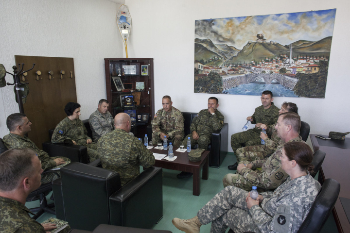 Timothy Orr, Major General from the American National Guard of Iowa, and Rrahman Rama, Commander of the Kosovo Security Force (KSF), during their annual meeting in the KSF premises of the barracks in Ferizaj, Kosovo. The Iowa military corps provide profes
