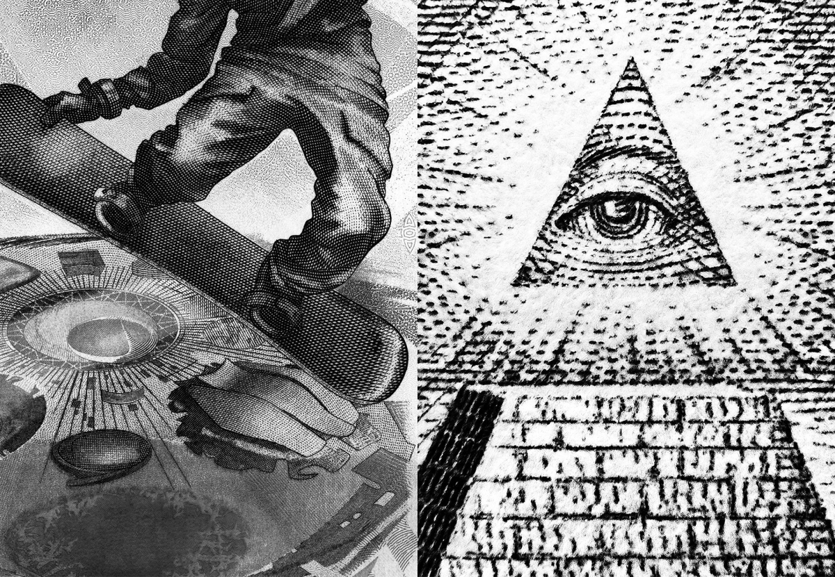 Banknotenmotive aus Russland und den Vereinigten Staaten von Amerika Linke Seite: Ein Snowboarder, rechte Seite: Dreifaltigkeitssymbol