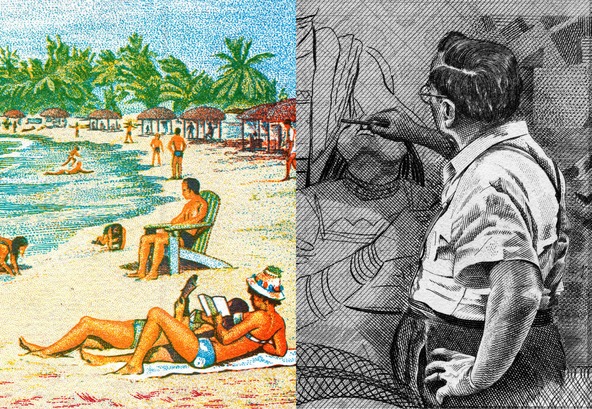 Banknotenmotive aus den Bahamas und Brasilien Linke Seite: Menschen am Strand, rechte Seite: ein Künstler