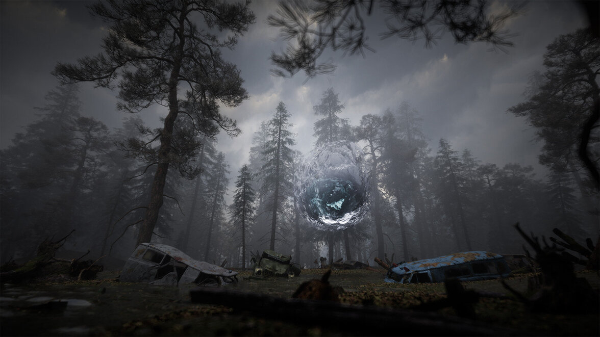 Screenshot aus S.T.A.L.K.E.R. 2, eine Anomalie schwebt in einem Wald über Autowracks Screenshot aus S.T.A.L.K.E.R. 2, eine Anomalie schwebt in einem Wald über Autowracks