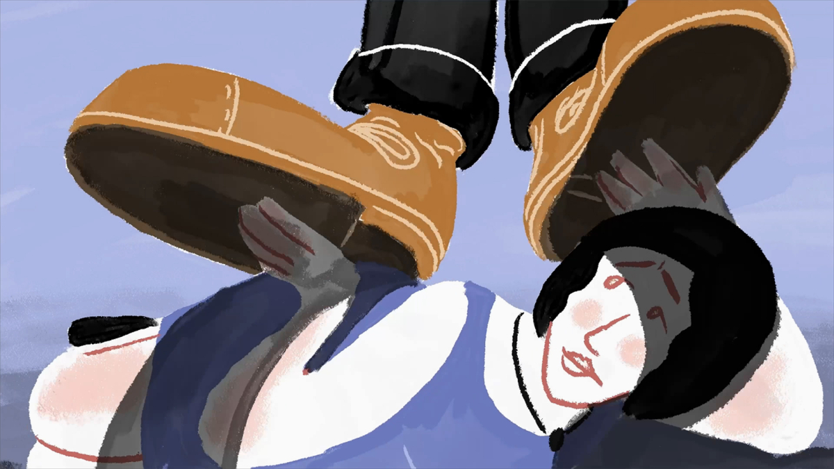 Animation einer Frau, die von einem Stiefel niedergetreten wird