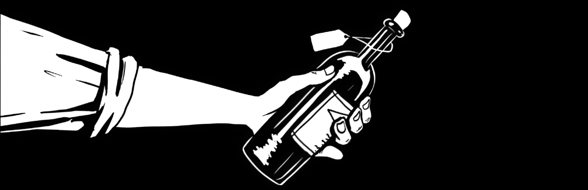 Gezeichnete Hand die eine Flasche in der ein Wunsch ist hält