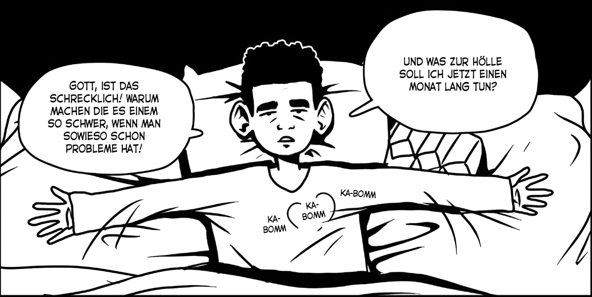 Bild aus dem Comic Shubeik Lubeik auf dem eine Junge auf dem Bett liegt