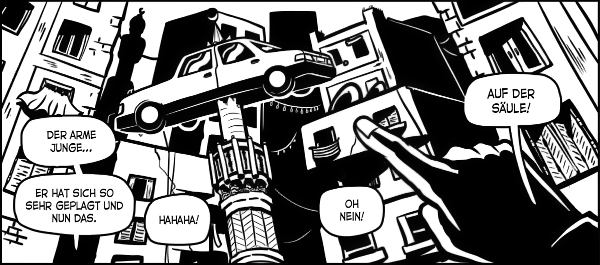 Bild aus dem Comic Shubeik Lubeik auf dem ein Auto auf einer Moschee hängt