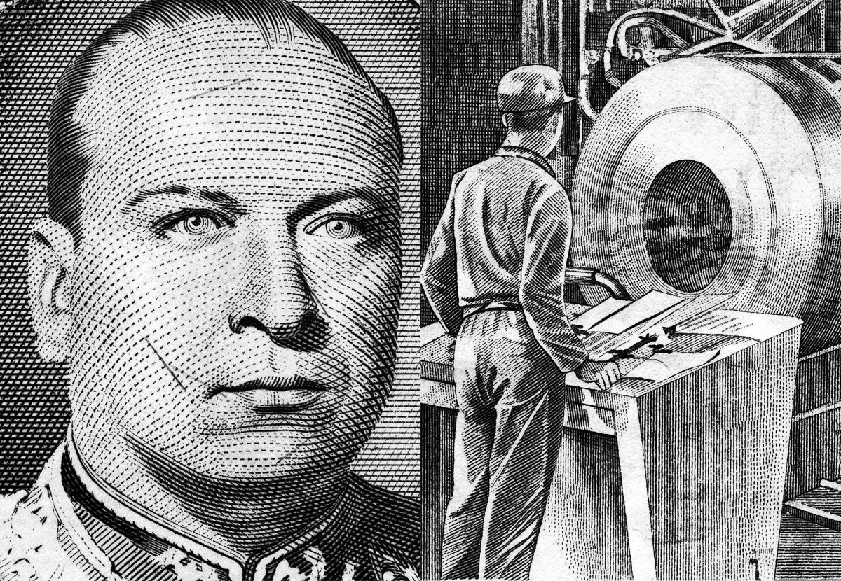 Banknotenmotive aus Bolivien und Luxemburg links: Portrait eines Mannes, rechts: Fabrikarbeiter