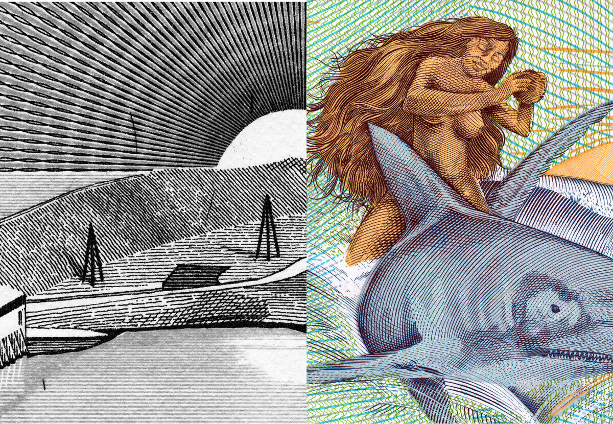 Banknotenmotive aus Suriname und den Cookinseln Links: eine Landschaft, rechts: ein Hai und eine nackt tanzende Frau