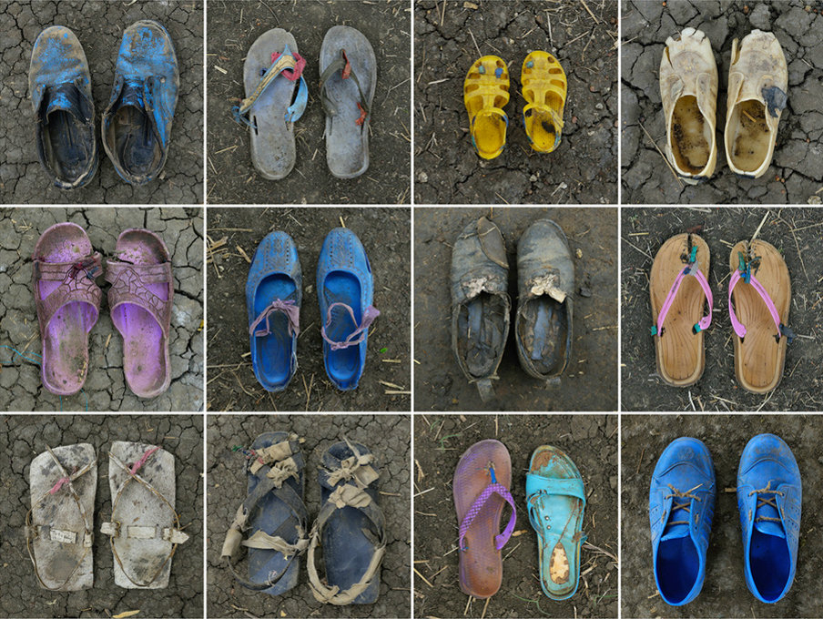 Schuhe von Flüchtlingen aus der Region Blue Nile, die im Mai und Juni 2012 die Grenze zum Südsudan erreichten