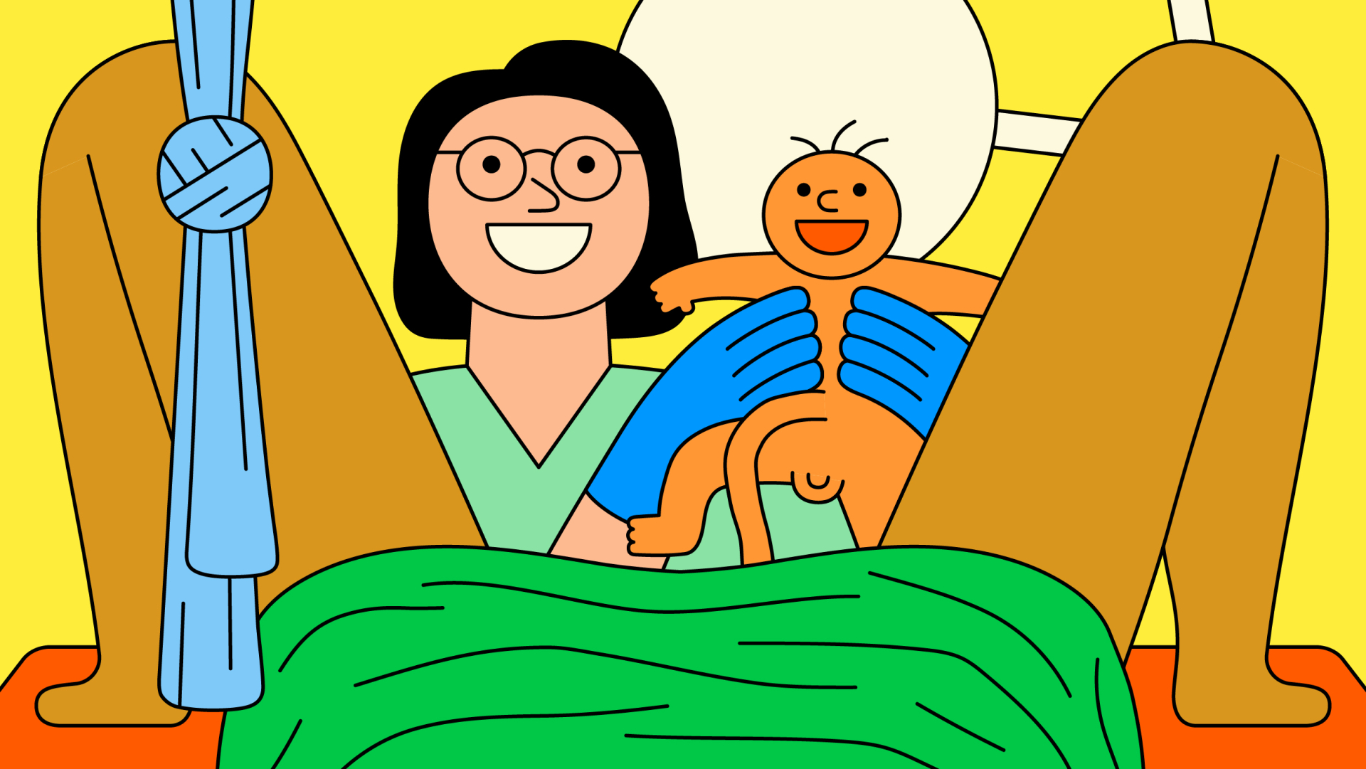 Illustration auf der die Hebamme ein lachendes Baby hochhält