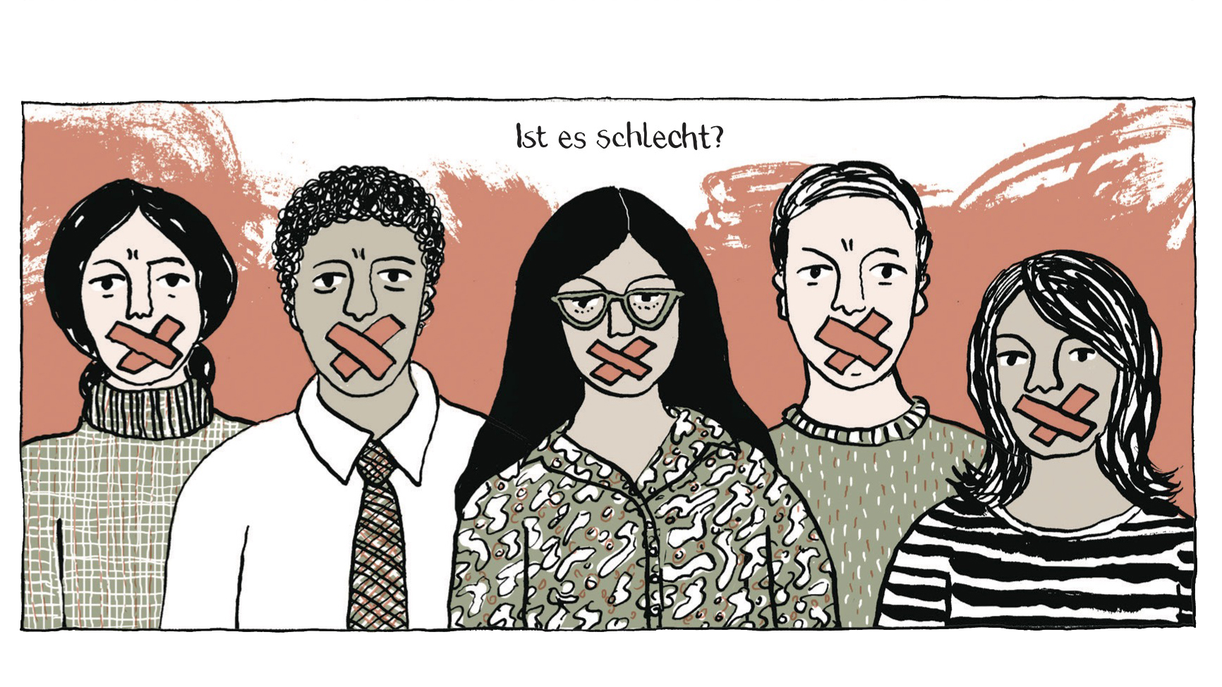 Bild aus dem Comic auf dem 5 Personen der Mund zugeklebt ist