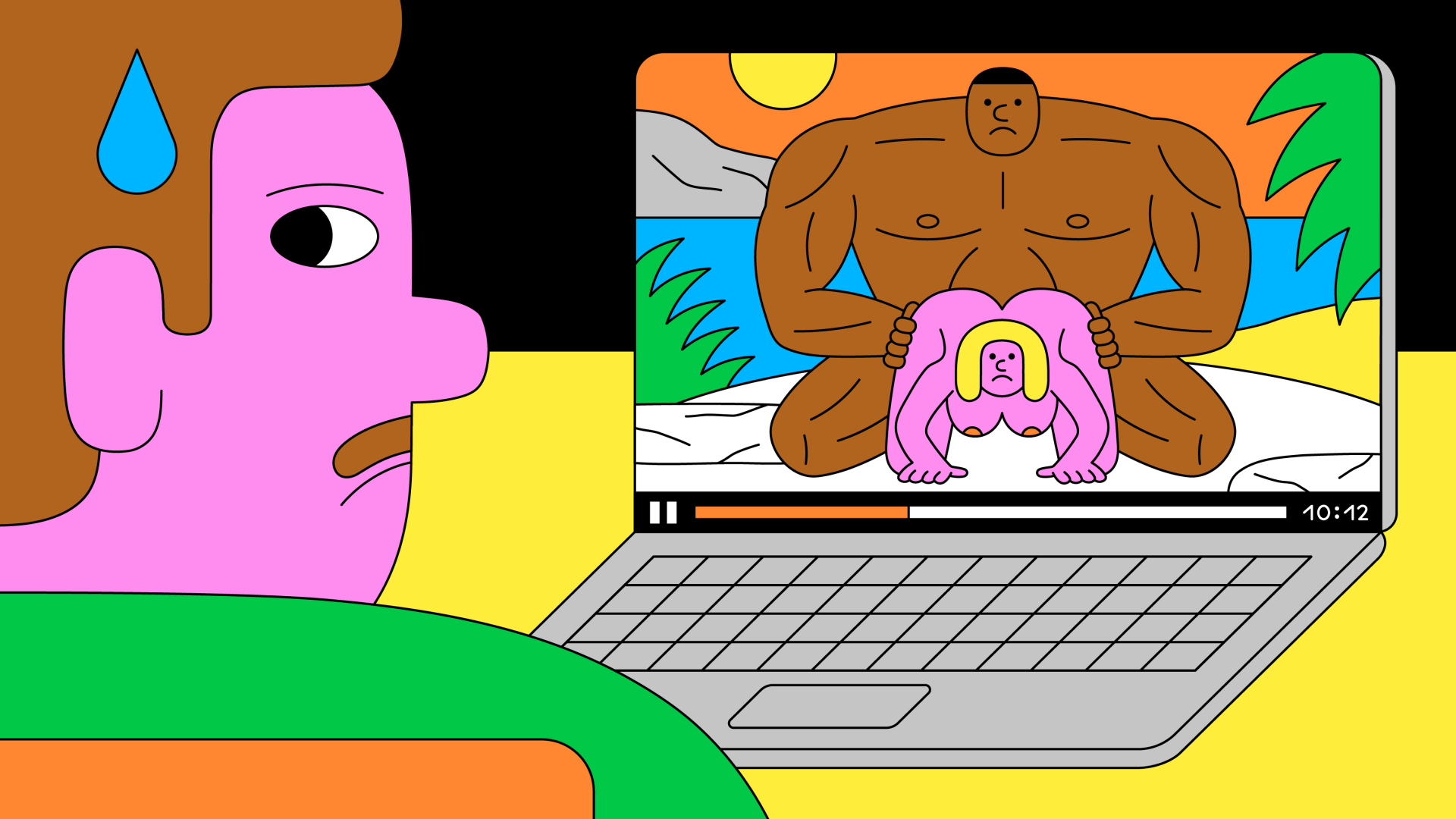 Illustration einer Person die beschämt einen Porno auf einem Laptop schaut in dem ein riesiger, Schwarzer Mann Sex mit einer blonden Frau hat