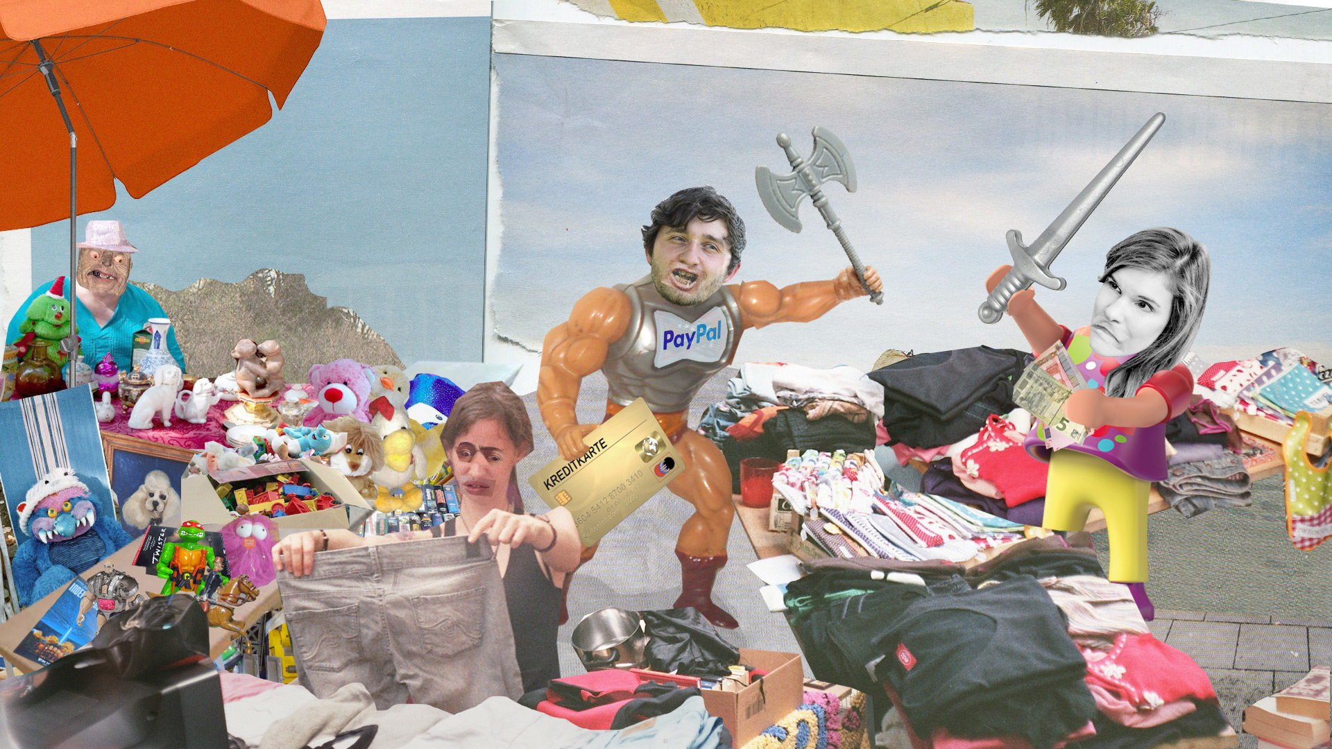 Streit: Sollten wir Bargeld abschaffen Lustige Collage: Die AutorInnen streiten auf dem Flohmarkt