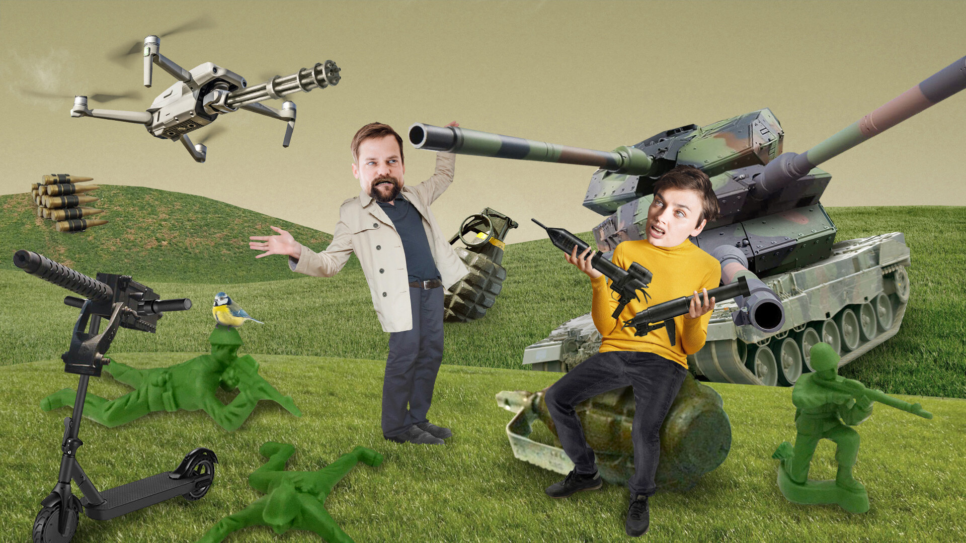Braucht es Aufrüstung? Lustige Collage, die die beiden AutorInnen in einem Feld voller Waffen und Panzer darstellt