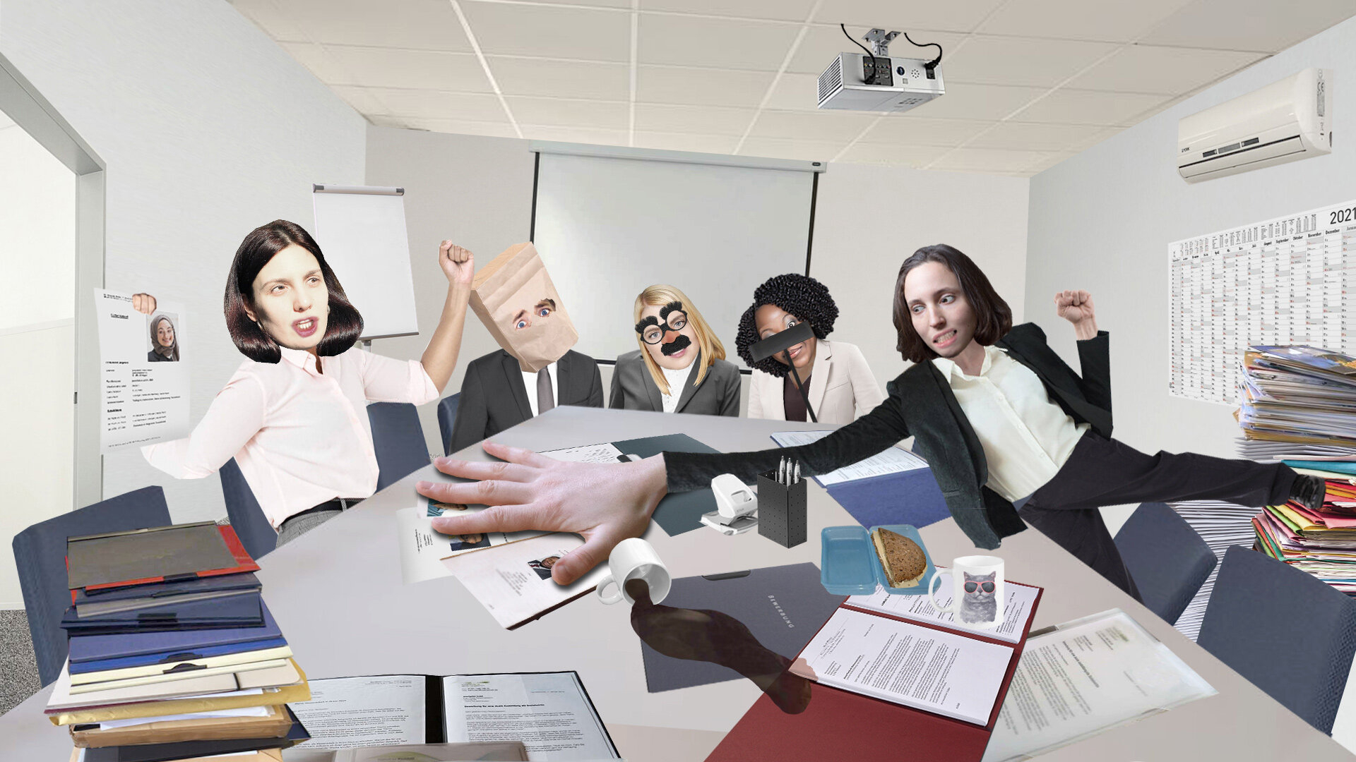 Anonymisierte Bewerbungsverfahren Streit Lustige Collage, die die beiden Autorinnen dabei zeigt, wie sie in einem Büro um die Anonymisierung von Bewerbern streiten