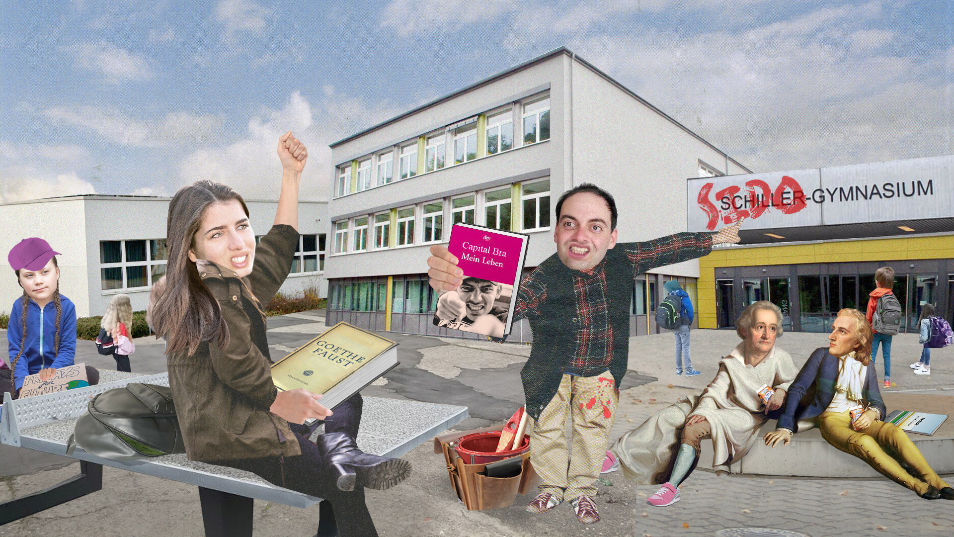 Bildungskanon Streit Lustige Collage, die beide AutorInnen dabei zeigt, wie sie sich auf einem Schulhof streiten