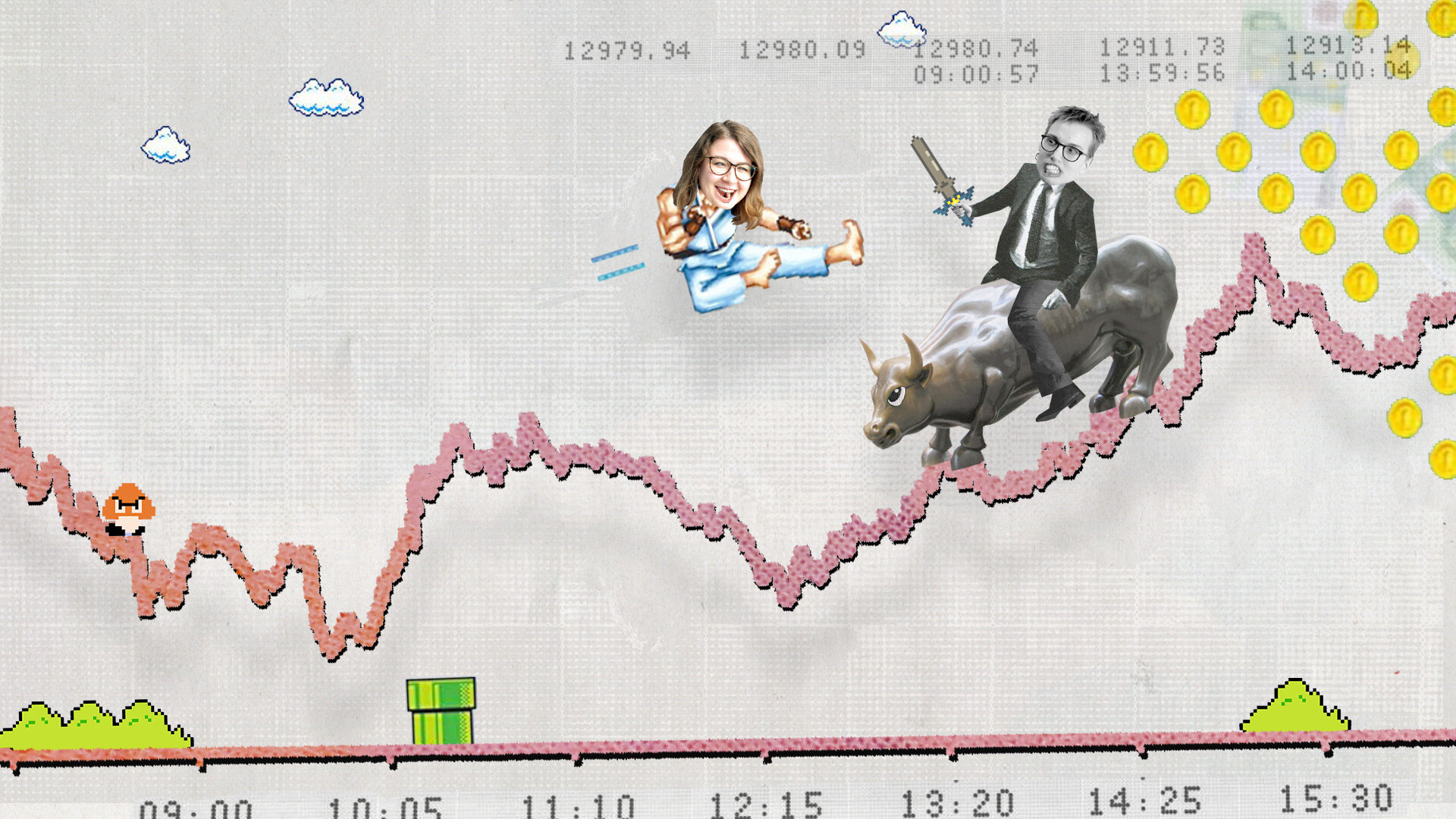 Börse den Profis überlassen? fluter-Streit Eine lustige Collage, die beide Autorinnen auf einem Börsenkurs dabei zeigt, wie sie miteinander kämpfen