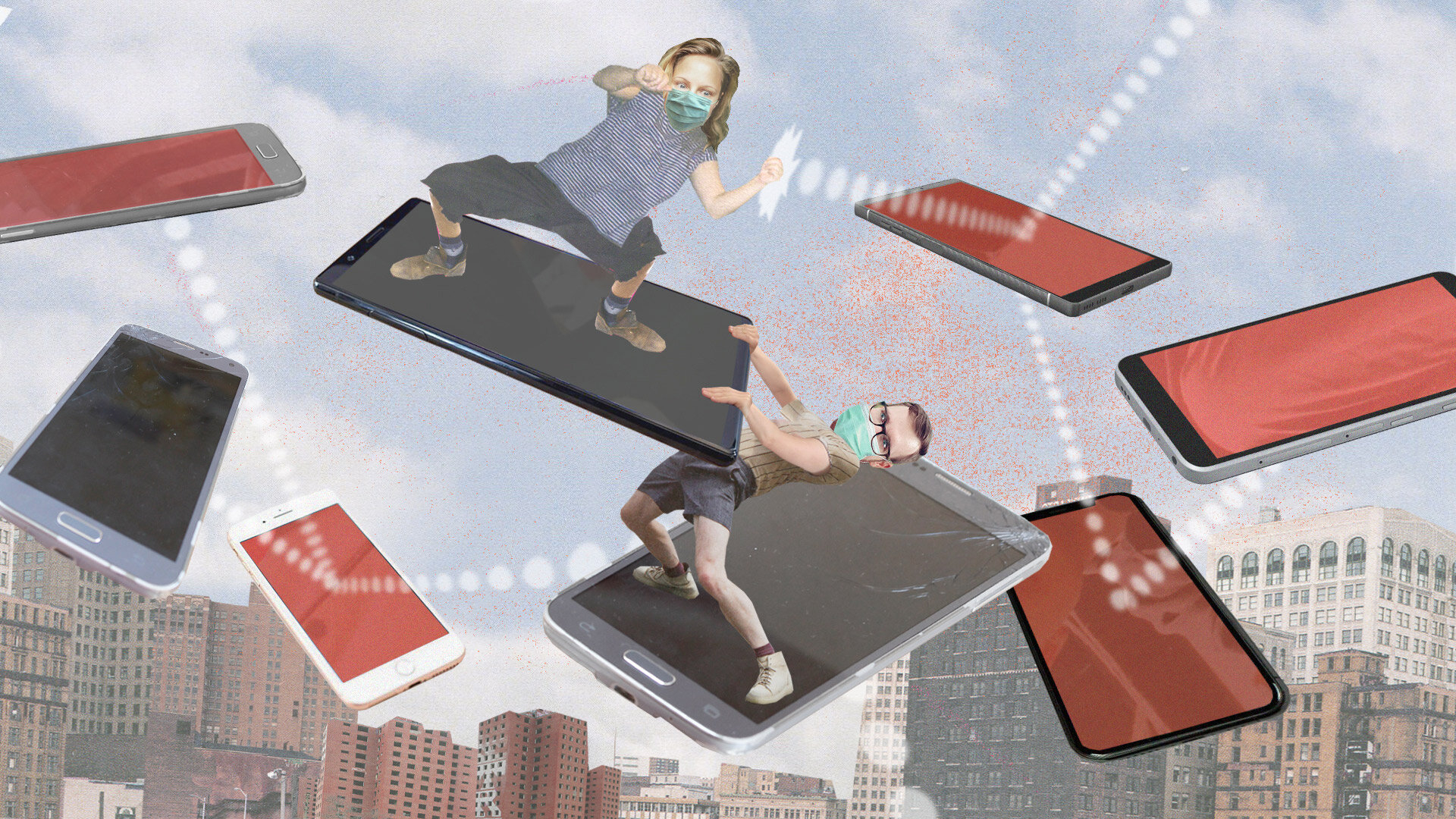 Streit über die Corona-App Eine lustige Collage, die die AutorInnen dabei zeigt, wie sie auf fliegenden Smartphones miteinander kämpfen