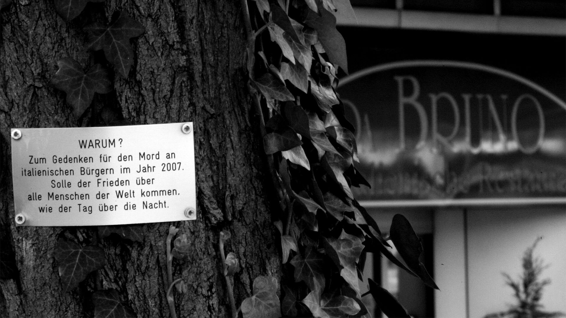 Eine kleine Gedenktafel hängt am 23.08.2007 an einem Baum vor dem Lokal "Da Bruno" in Duisburg Eine kleine Gedenktafel hängt am 23.08.2007 an einem Baum vor dem Lokal "Da Bruno" in Duisburg