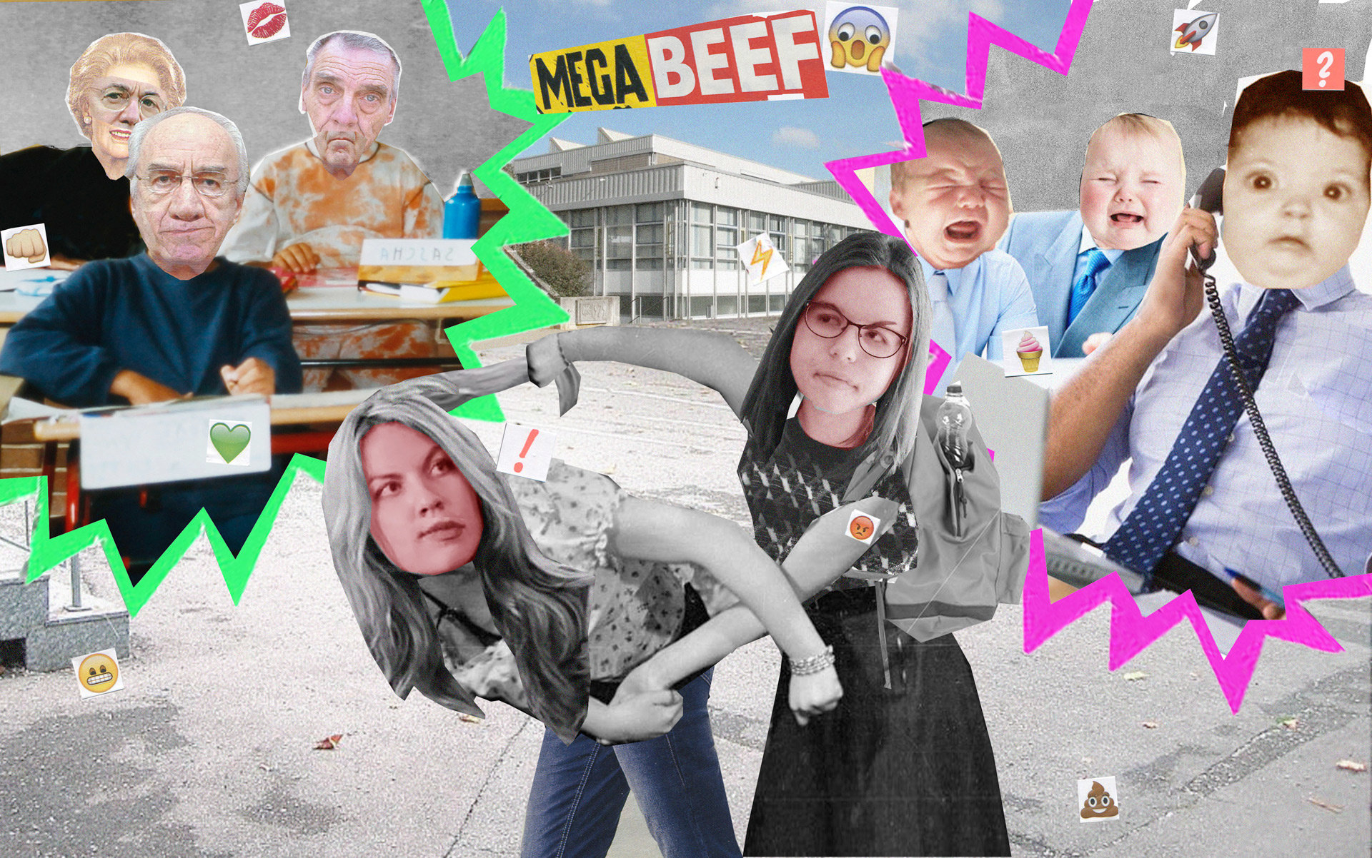 Pro und Contra zum G8-Abitur Lustige Collage: Die Autorinnen streiten vor einer Schule