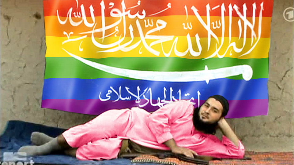 IS-Kämpfer vor Regenbogenflagge IS-Kämpfer vor Regenbogenflagge