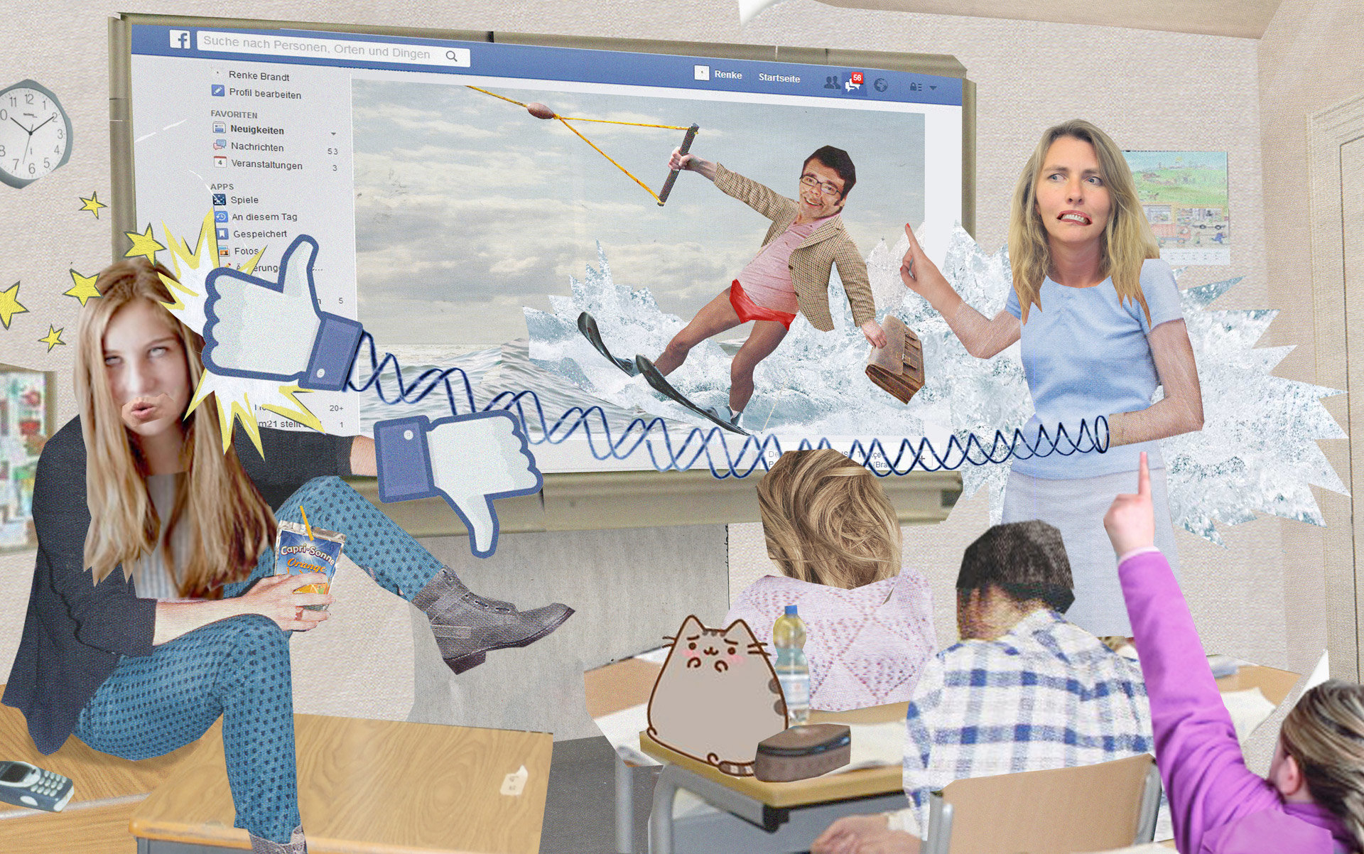 Pro und Contra: Sollen Schüler den Lehrer auf facebook adden? Collage: Die Autorinnen streiten in einem Klassenzimmer