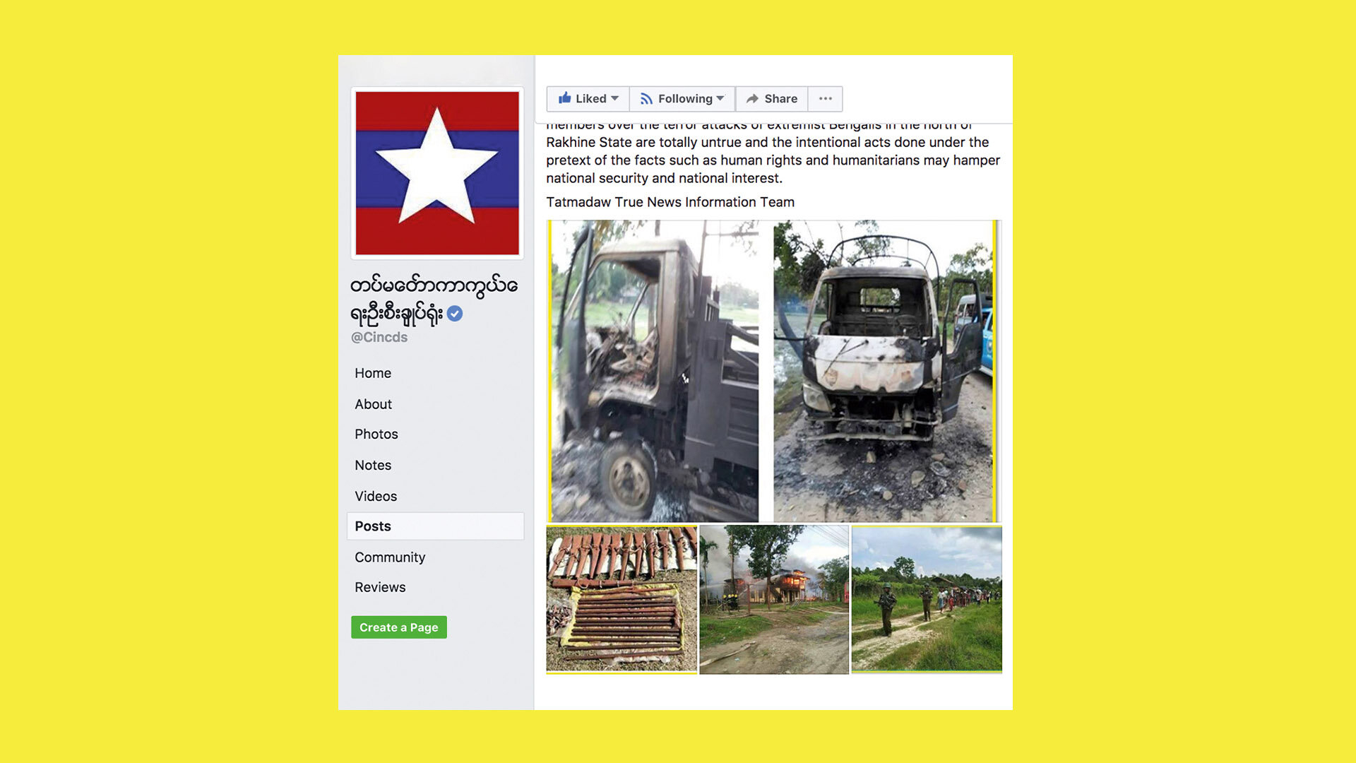 Hetze online: Ein Facebook- Beitrag aus dem Jahr 2017 vom Militär in Myanmar, in dem behauptet wurde, die Rohingya würden Terror und Gewalt gegen andere Völker verbreiten Hetze online: Ein Facebook- Beitrag aus dem Jahr 2017 vom Militär in Myanmar, in dem behauptet wurde, die Rohingya würden Terror und Gewalt gegen andere Völker verbreiten