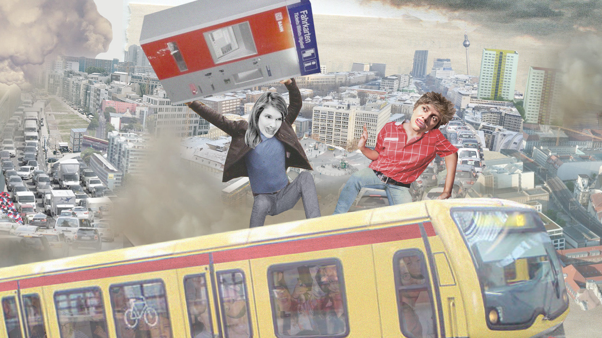 Streit Kostenloser Nahverkehr Lustige Collage: Die Autorinnen bekämpfen sich auf einer fahrenden S-Ban