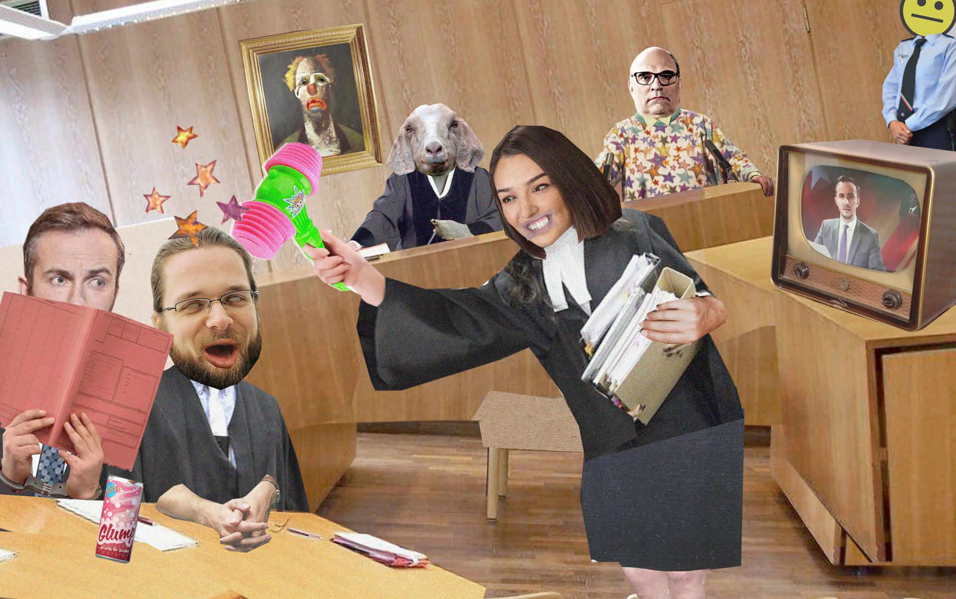 Böhmermann-Satire: Ok oder nicht? Lustige Collage: Die AutorInnen streiten in einem Gerichtssaal